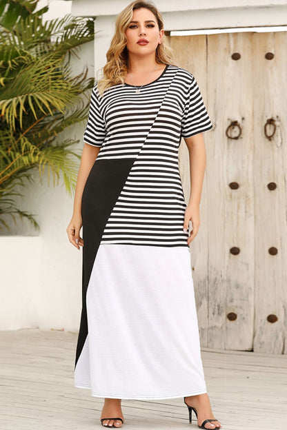 Plus Size Striped Color Block Round Neck Dress Black White Easy Apparels