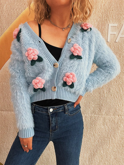 Flower Fuzzy Button-Up Cardigan Easy Apparels