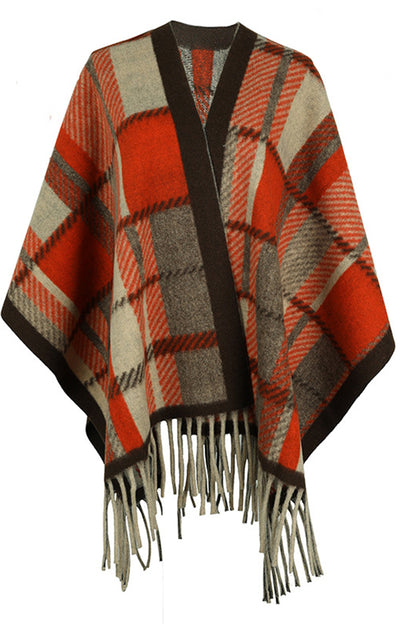 Cloak Sleeve Fringe Detail Poncho Brick Red One Size Easy Apparels