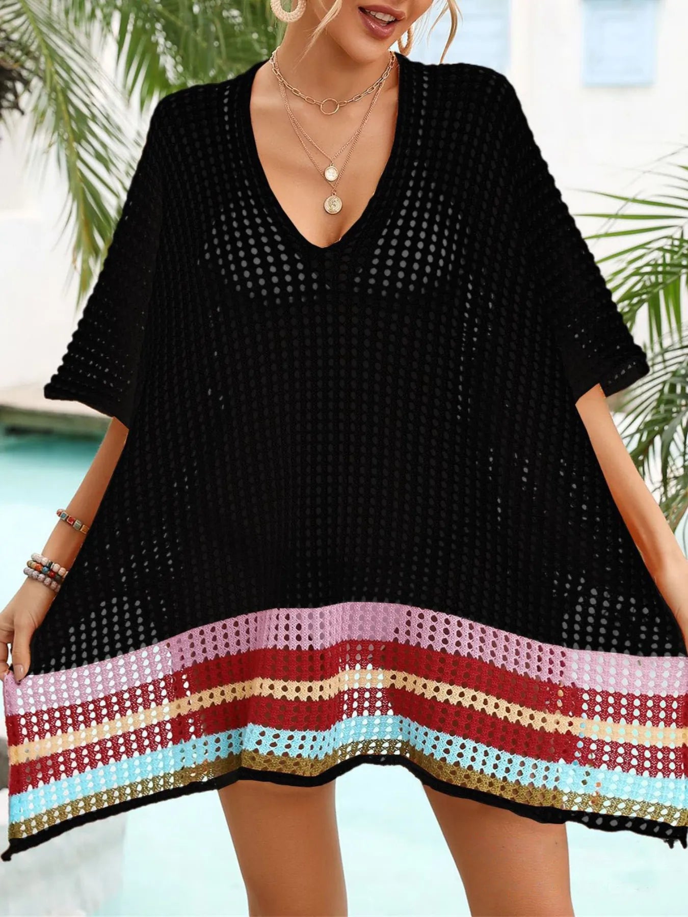 Crochet V-Neck Cover-Up Dress Black One Size Easy Apparels