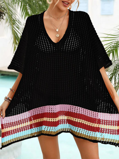 Crochet V-Neck Cover-Up Dress Black One Size Easy Apparels