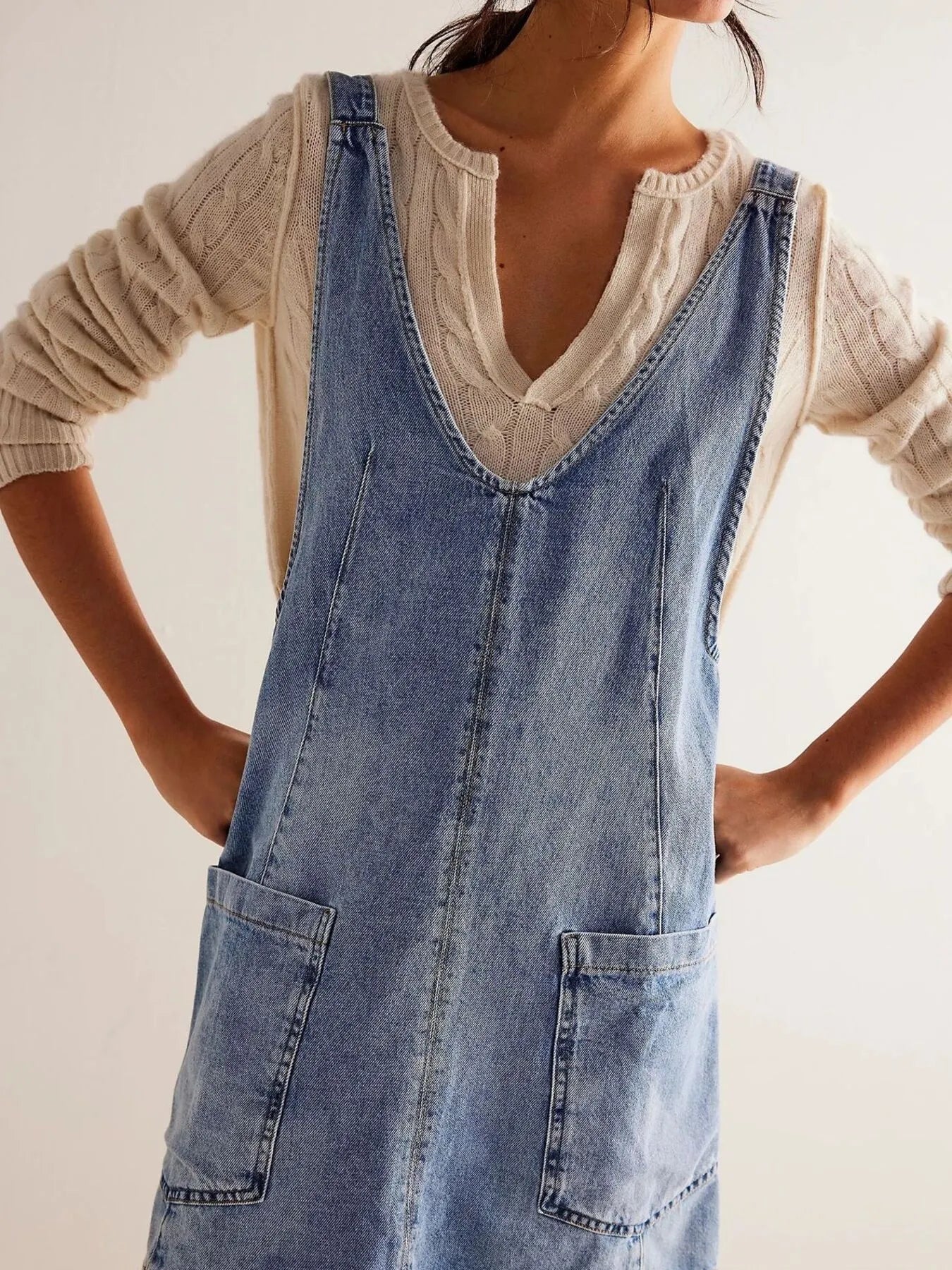 Oversized V-Neck Denim Tank Dress with Front Pockets Easy Apparels