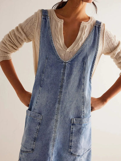 Oversized V-Neck Denim Tank Dress with Front Pockets Easy Apparels