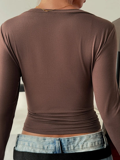 Trendsi V-Neck Long Sleeve Fitted T-Shirt