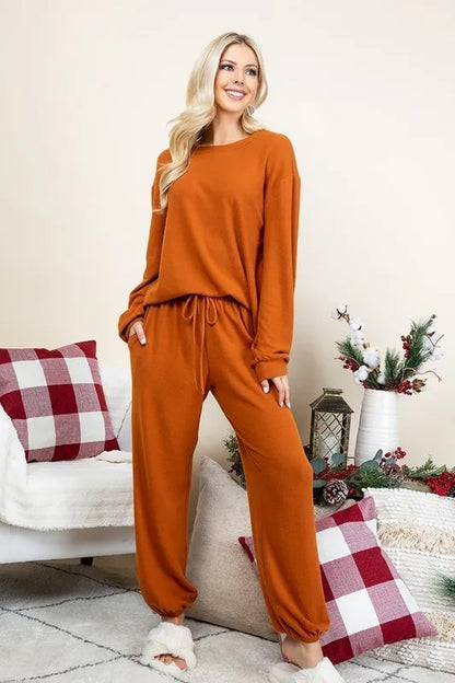 Super Lady Full Size Fuzzy Hacci Brush Round Neck Top and Pants Lounge Set Easy Apparels