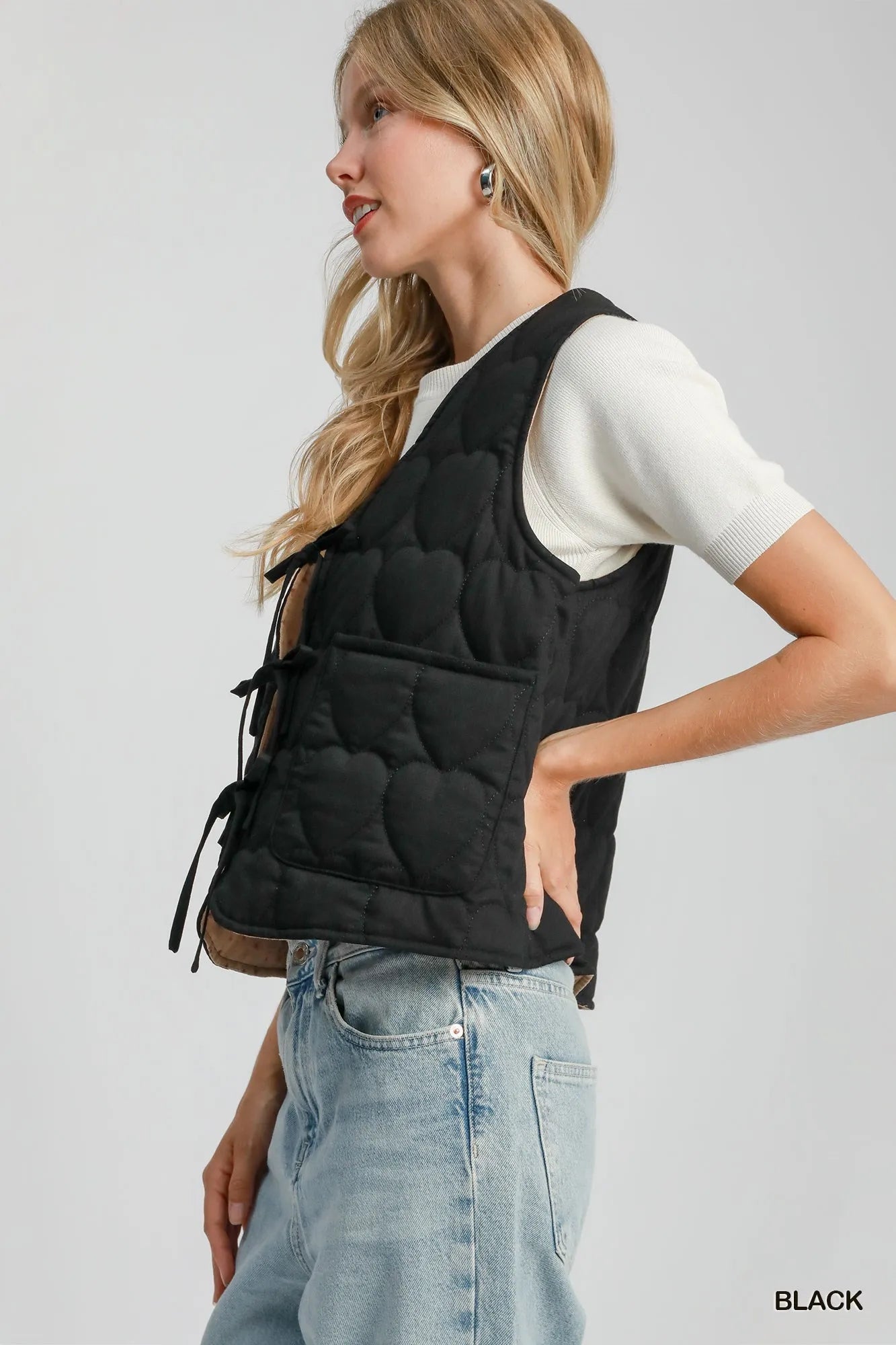 Umgee Heart Quilted Tie-Front Vest Easy Apparels