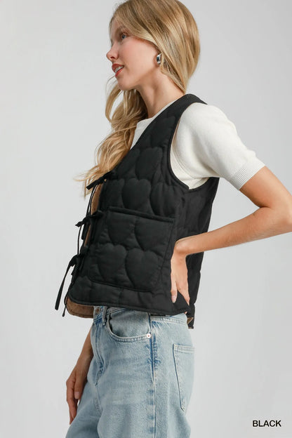 Umgee Heart Quilted Tie-Front Vest Easy Apparels
