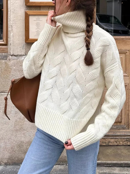 Trendsi Ribbed Hem Turtleneck Long Sleeve Sweater White