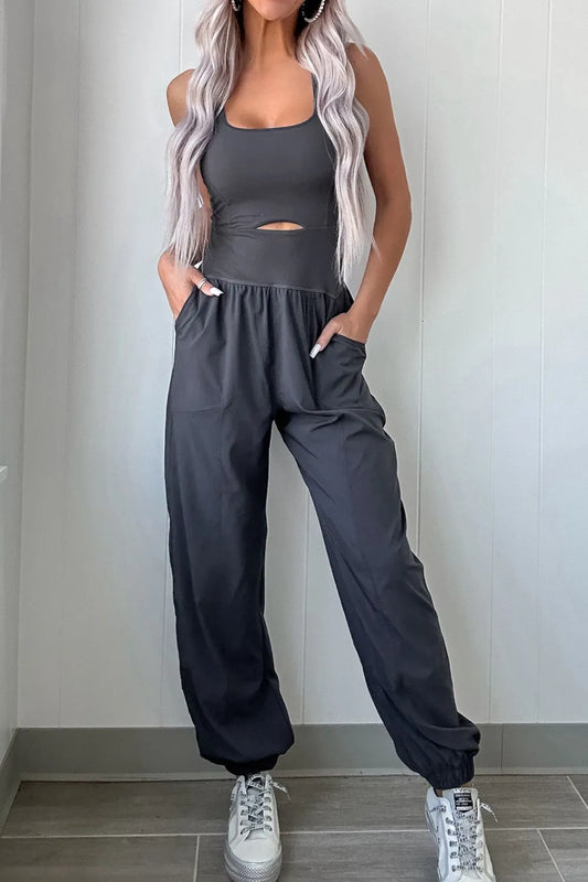 Cutout Square Neck Wide Strap Active Jumpsuit Dark Gray Easy Apparels