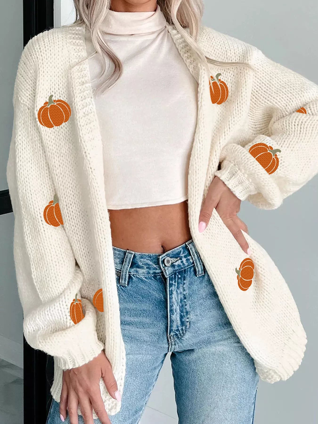 Halloween Pumpkin Embroidered Knit Cardigan White Easy Apparels