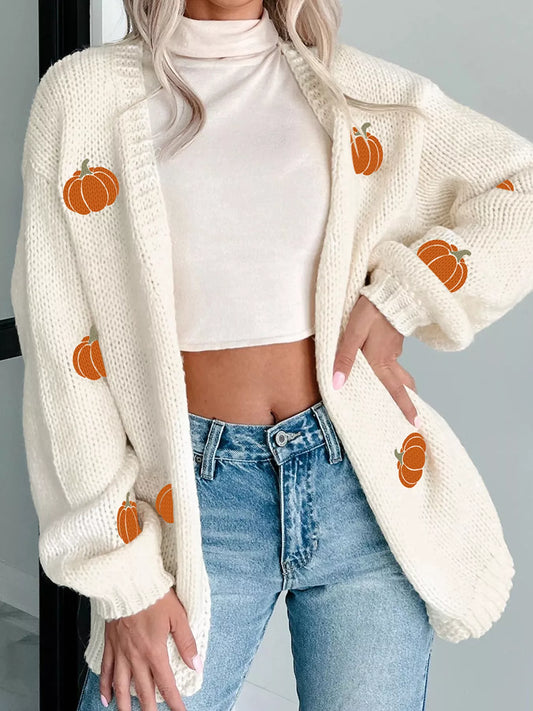 Halloween Pumpkin Embroidered Knit Cardigan White Easy Apparels