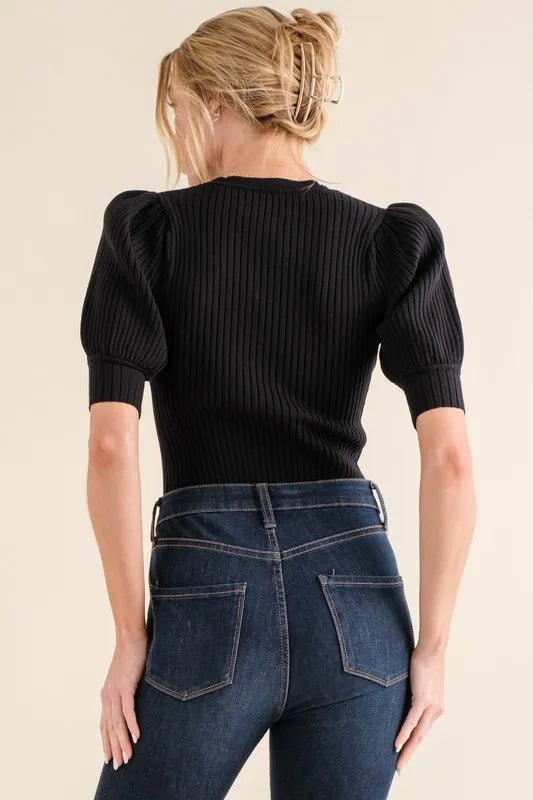 Trendsi And The Why Puffed Half Sleeve Rib Basic Bodysuit