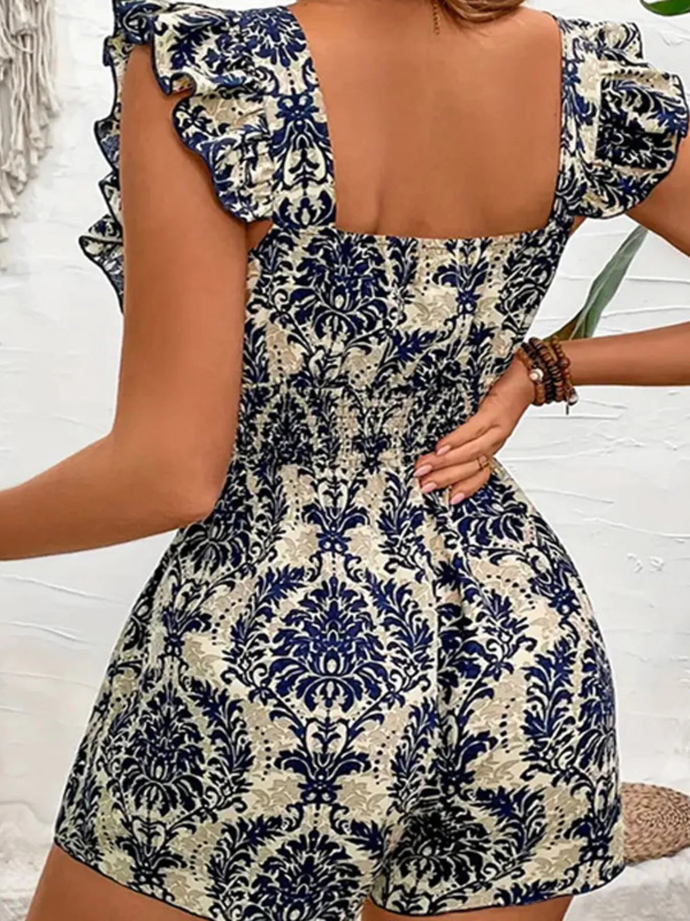 Ruffled Printed Square Neck Romper Easy Apparels