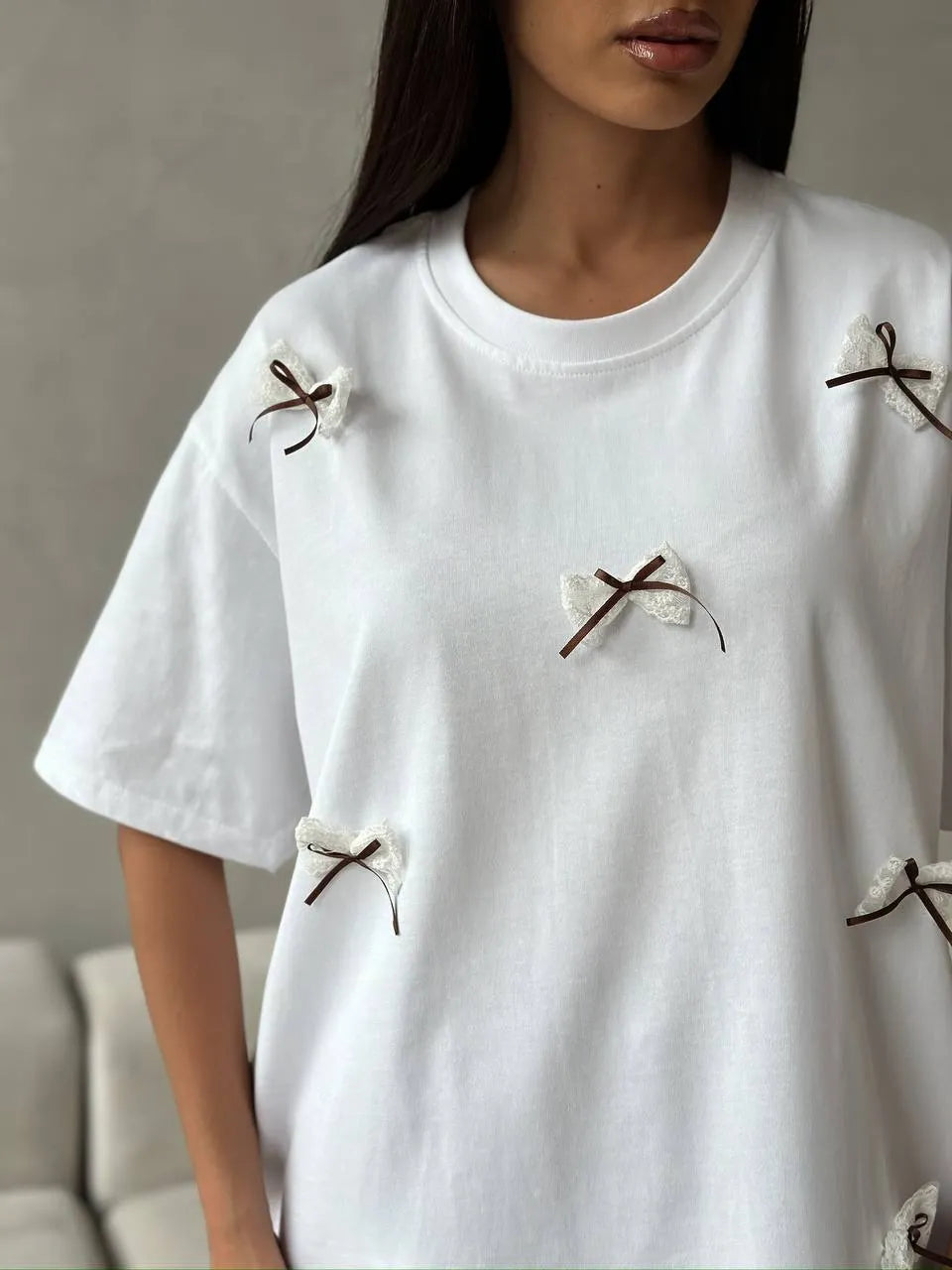 Trendsi Bow Round Neck Oversized T-Shirt White