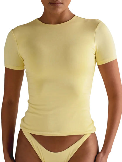 Round Neck Short Sleeve Swim Top Pastel Yellow Easy Apparels