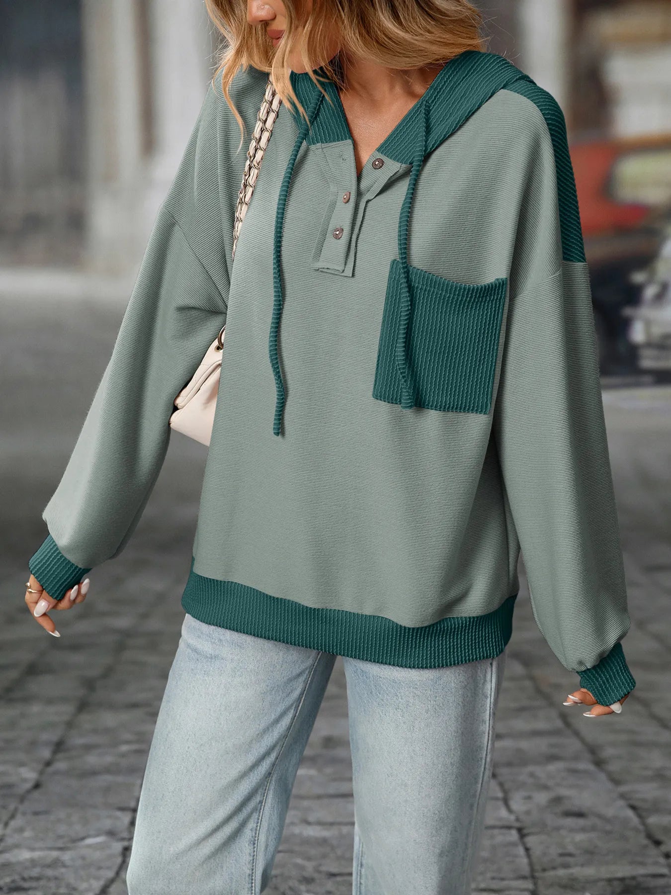 Trendsi Drawstring Button Detail Long Sleeve Hoodie