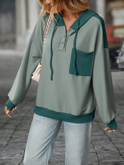 Trendsi Drawstring Button Detail Long Sleeve Hoodie