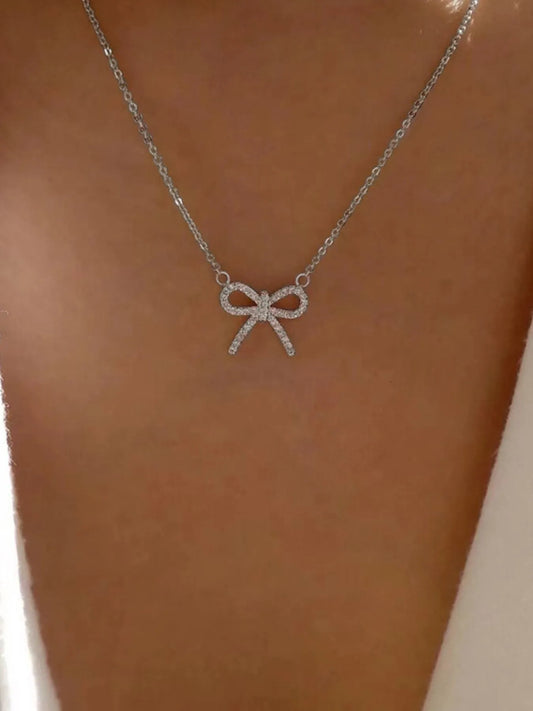 Zircon Bow Pendant Necklace Silver One Size Easy Apparels