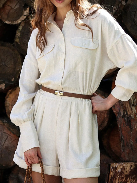 Casual Button Front Long Sleeve Romper Beige Easy Apparels