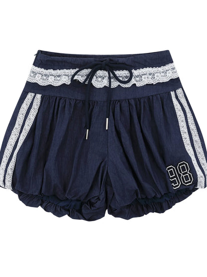 Lace Trim Shorts with Drawstring Blue Easy Apparels