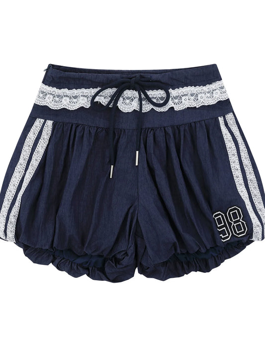Lace Trim Shorts with Drawstring Blue Easy Apparels