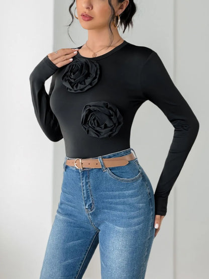 Trendsi Perfee Flower Round Neck Long Sleeve Bodysuit