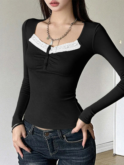 Trendsi Lace Trim Long Sleeve T-Shirt