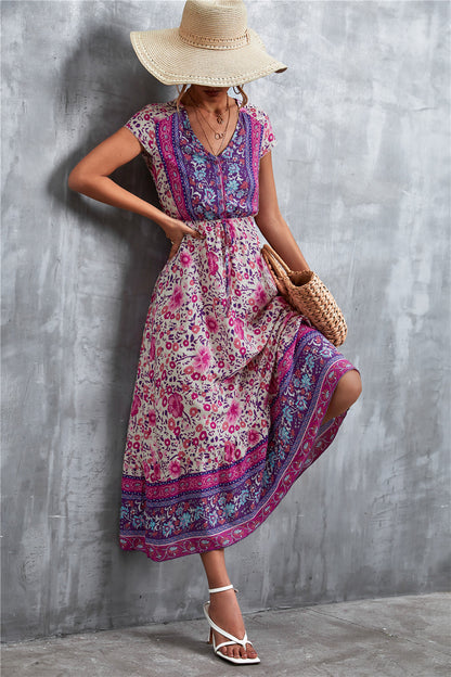 Trendsi V-Neck Short Sleeve Printed Maxi Dress