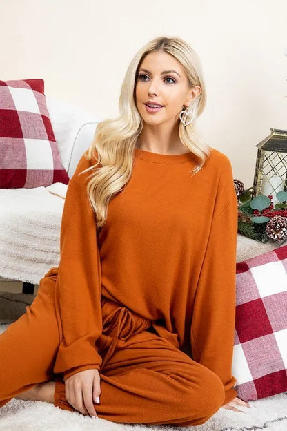 Super Lady Full Size Fuzzy Hacci Brush Round Neck Top and Pants Lounge Set Easy Apparels