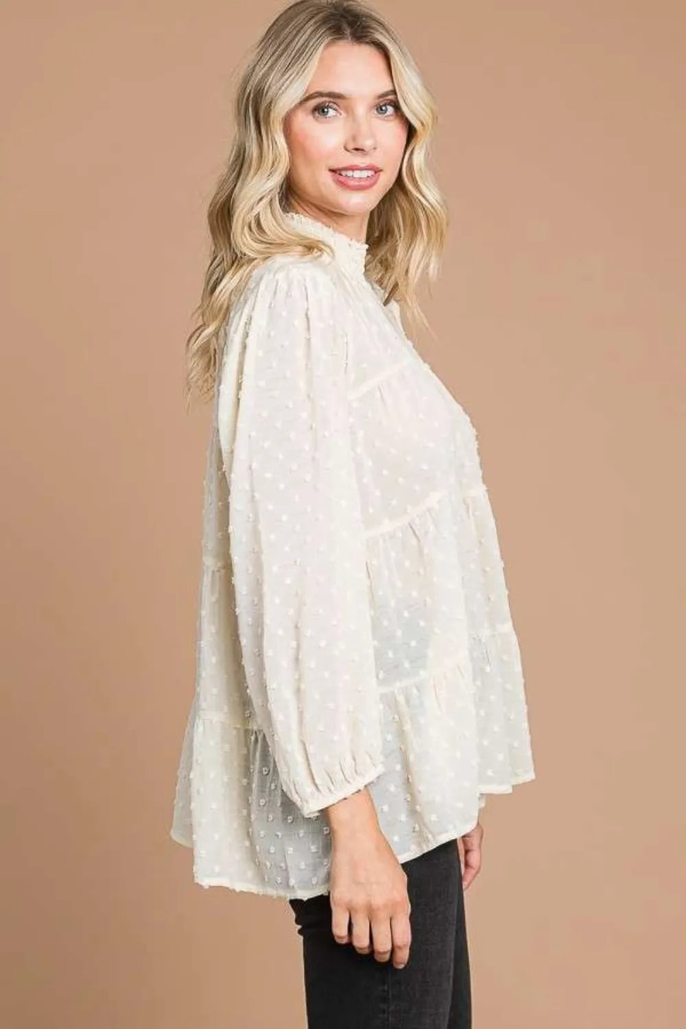 Trendsi Culture Code Full Size Swiss Dot Smocked Mock Neck Blouse Plus Size