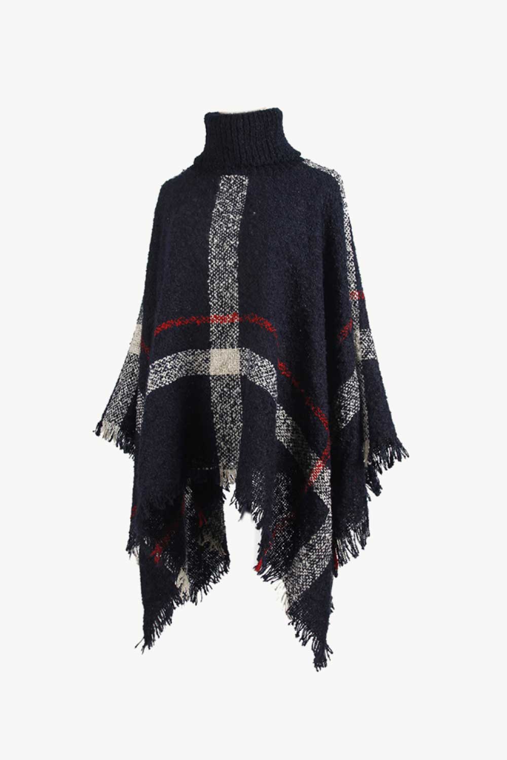 Plaid Turtleneck Raw Hem Poncho Easy Apparels