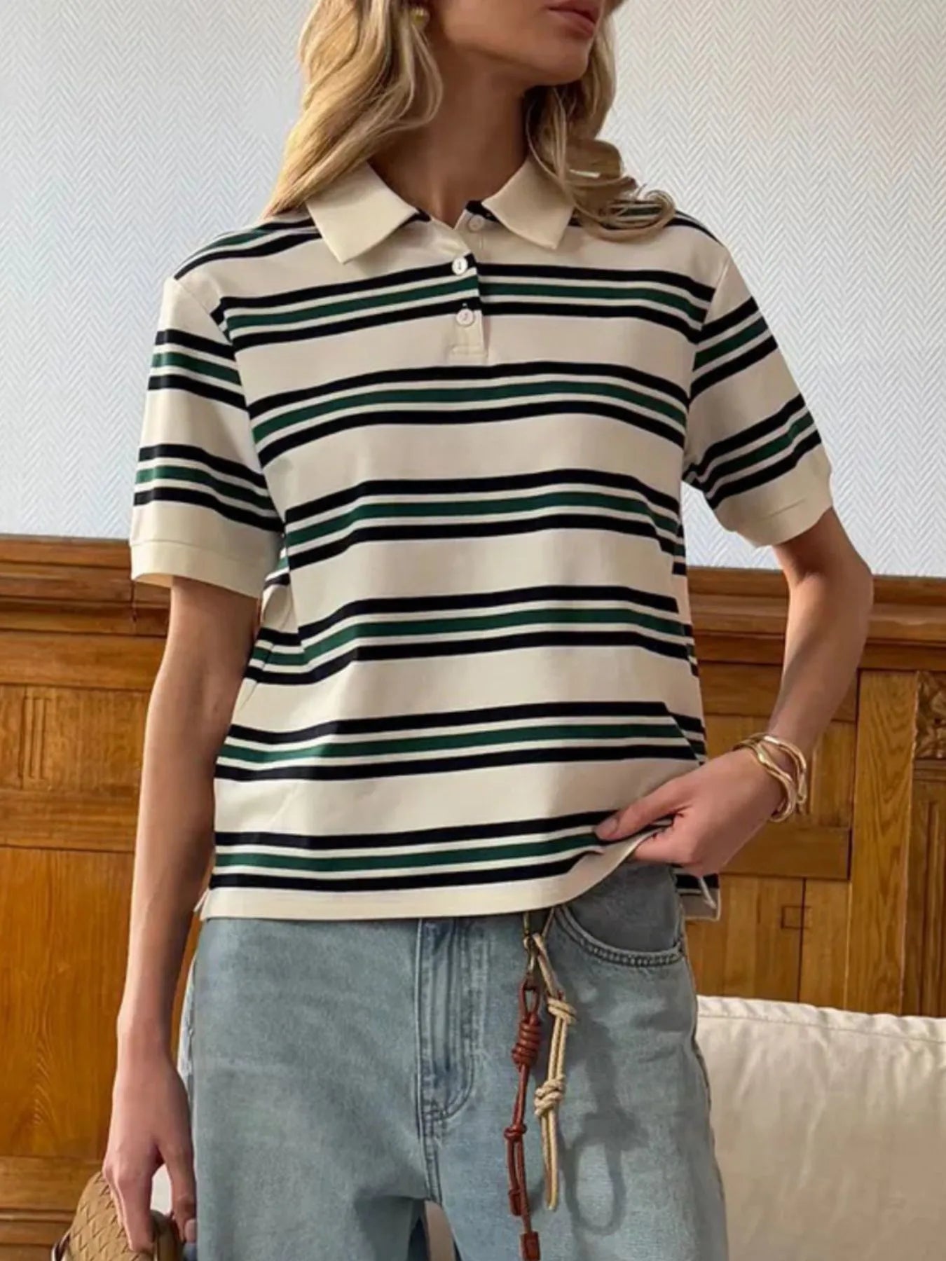 Trendsi Striped Polo T-Shirt with Contrast Collar Green