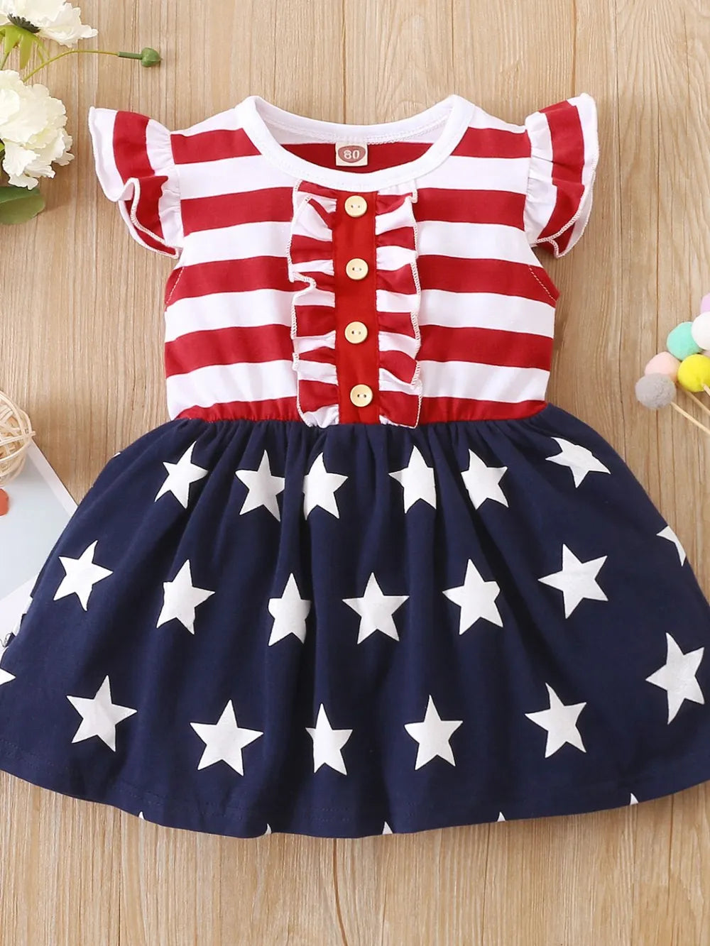 Striped & Stars Ruffled Round Neck Cap Sleeve Dress Red Blue White Easy Apparels