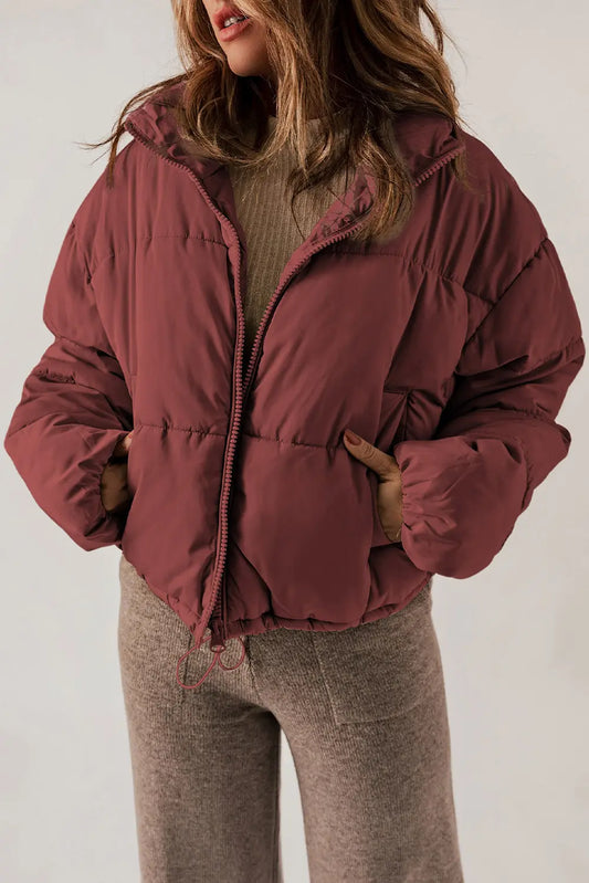 Zip Up Collared Neck Long Sleeve Winter Coat Brick Red Easy Apparels