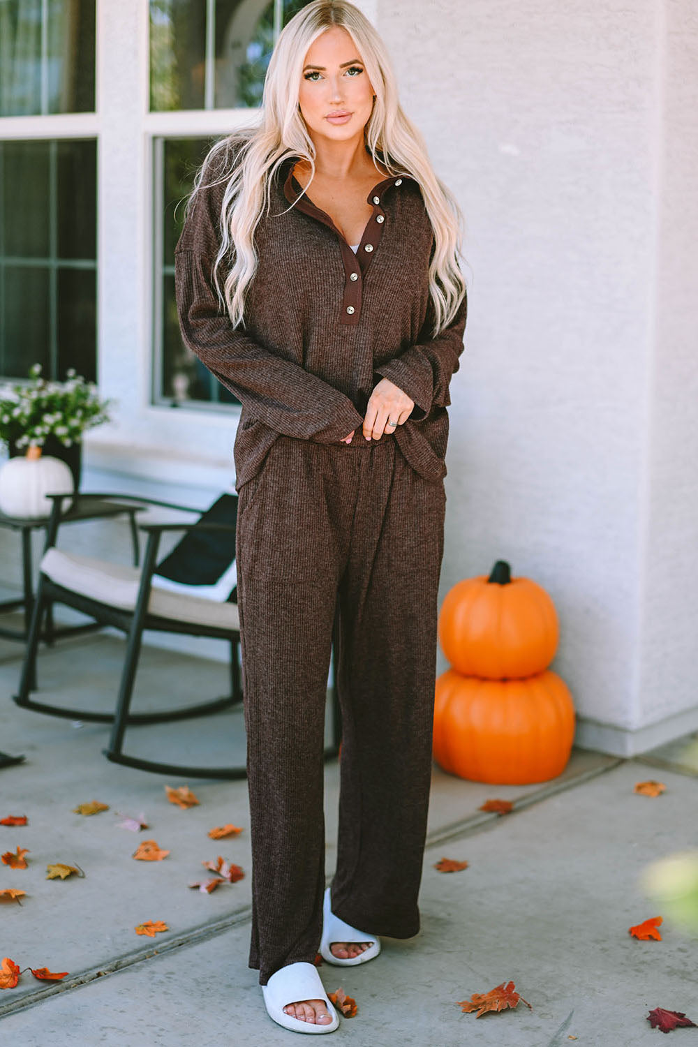 Buttoned Long Sleeve Top and Long Pants Lounge Set Easy Apparels