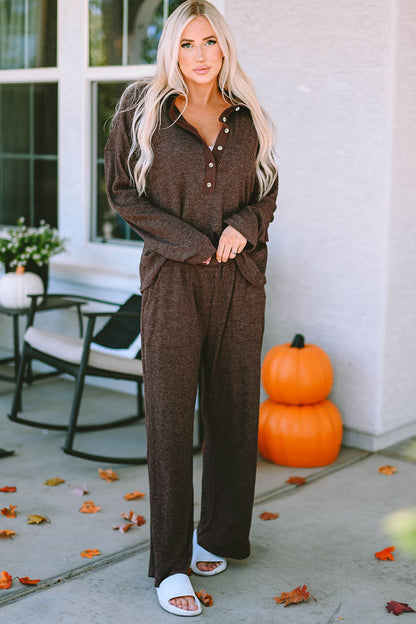 Buttoned Long Sleeve Top and Long Pants Lounge Set Easy Apparels