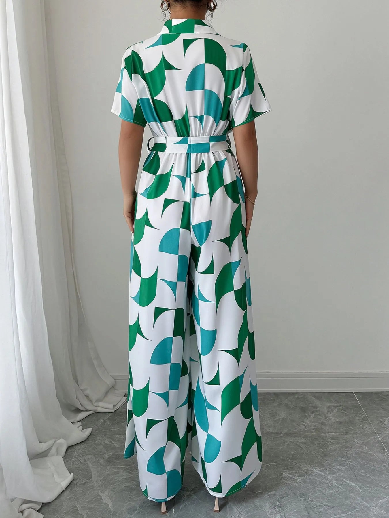 Printed Wide Leg Belted Jumpsuit Easy Apparels