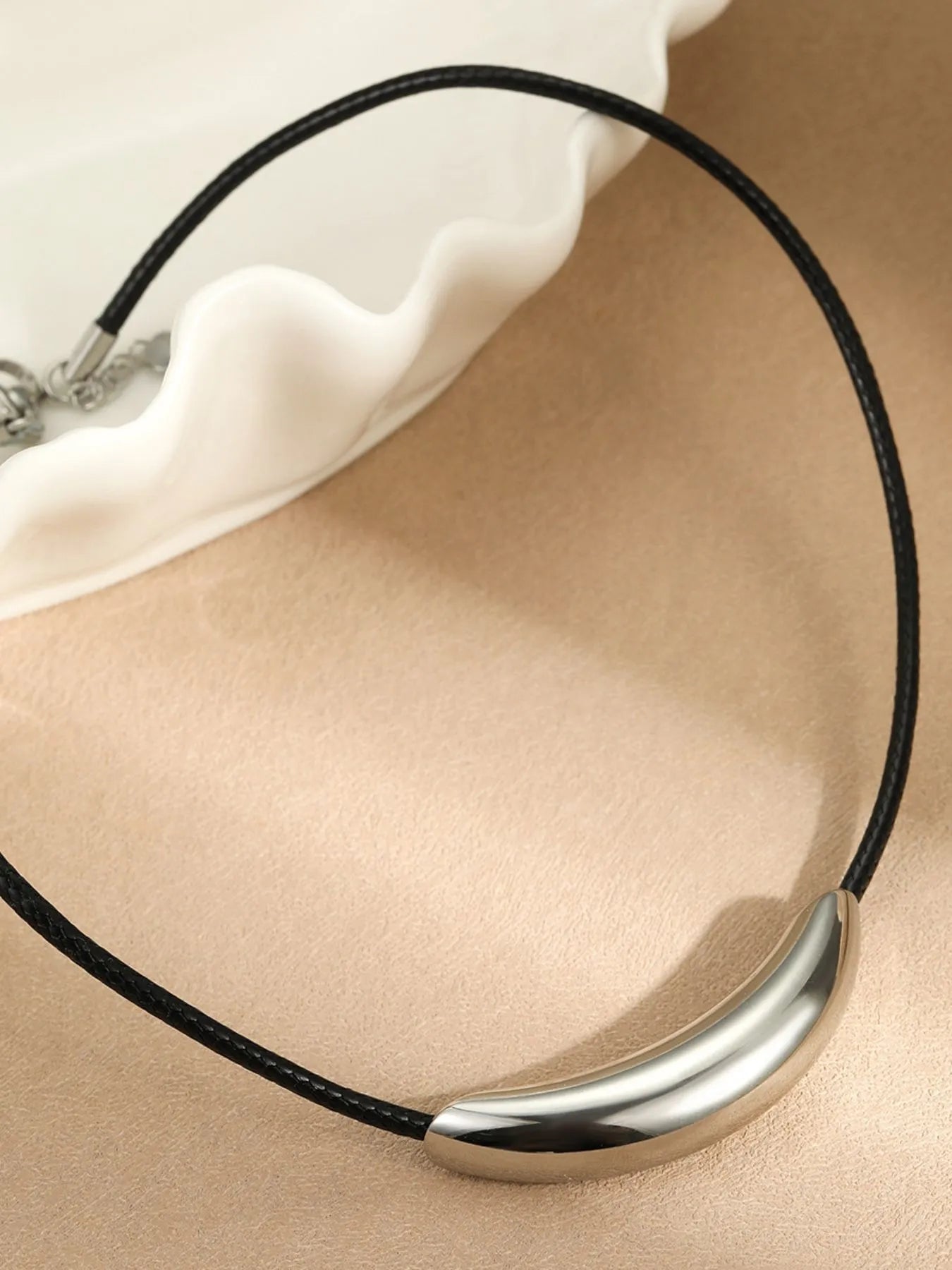 Stainless Steel Curved Bar Necklace with Leather Rope Silver One Size Easy Apparels