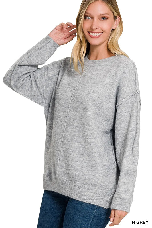 Trendsi Zenana Melange Front Seam Round-Neck Sweater
