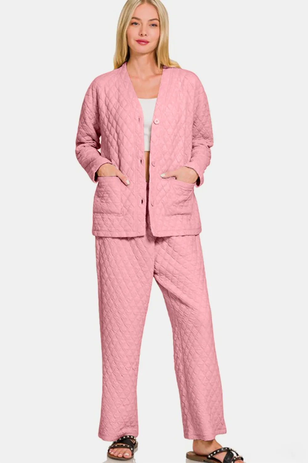 Zenana Quilted Button Up Long Sleeve Top and Pants Lounge Set Easy Apparels