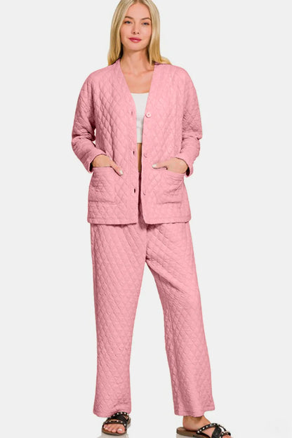 Zenana Quilted Button Up Long Sleeve Top and Pants Lounge Set Easy Apparels