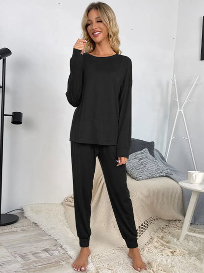 Shiny Round Neck Top and Drawstring Pants Lounge Set Easy Apparels