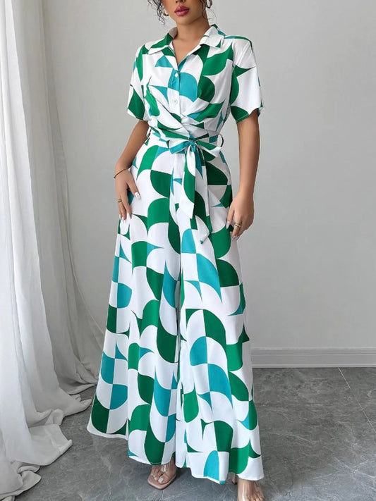 Printed Wide Leg Belted Jumpsuit Turquoise Easy Apparels