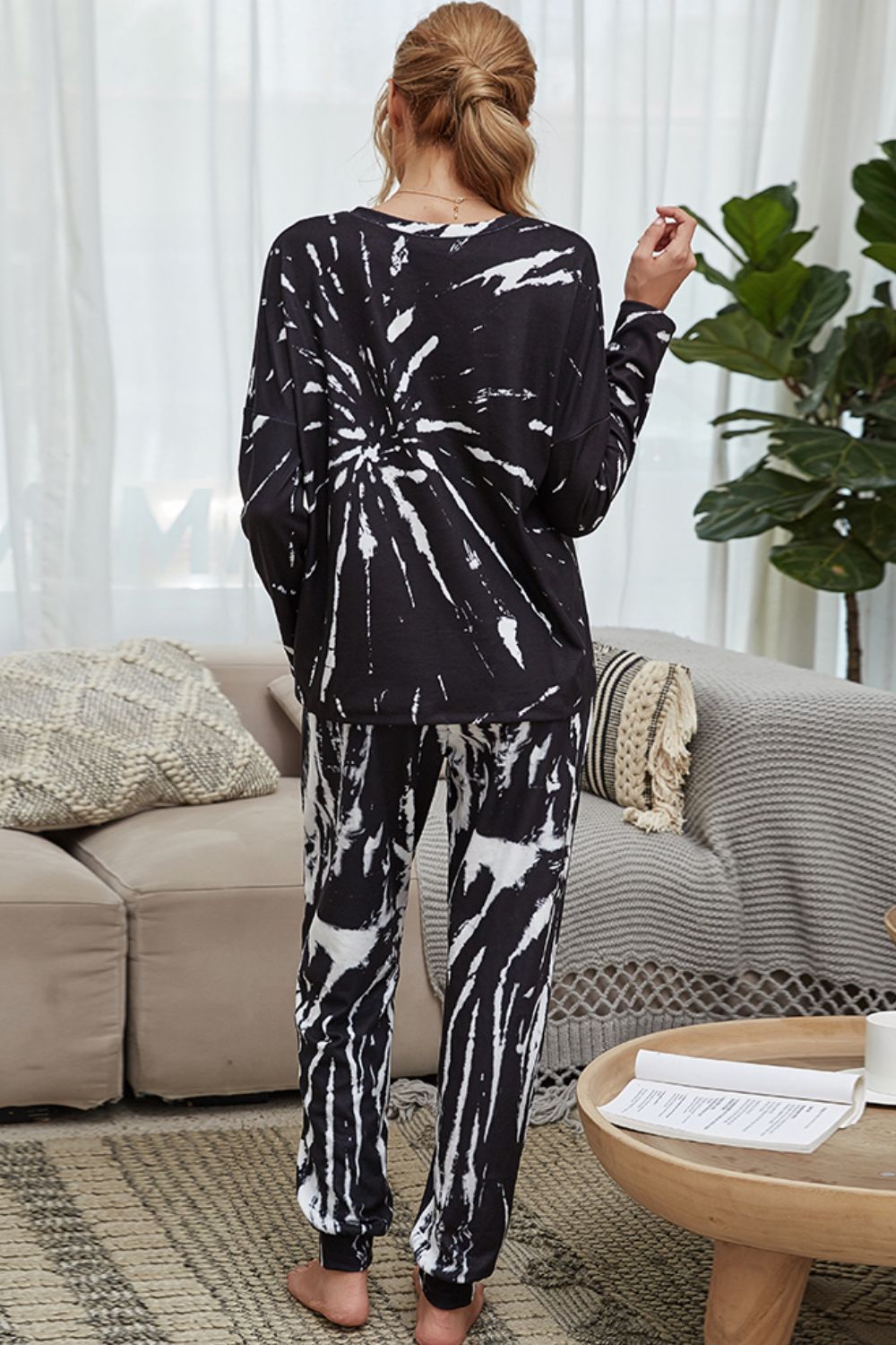 Shiny Tie-Dye Round Neck Top and Drawstring Waist Joggers Lounge Set Easy Apparels