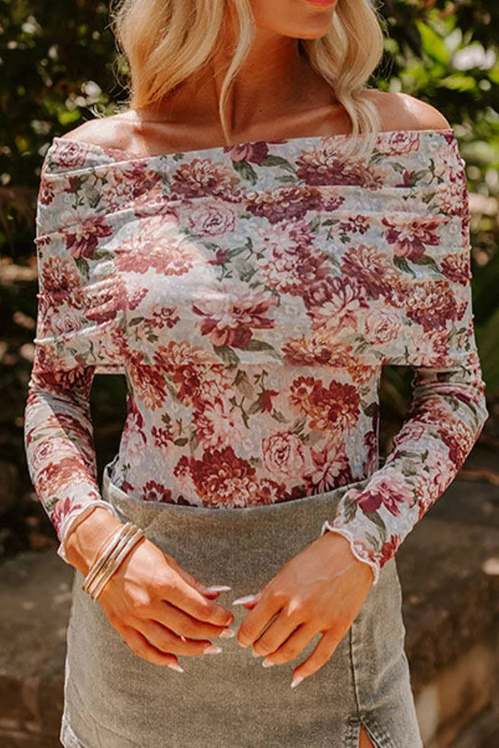 Trendsi Floral Off-Shoulder Long Sleeve Bodysuit