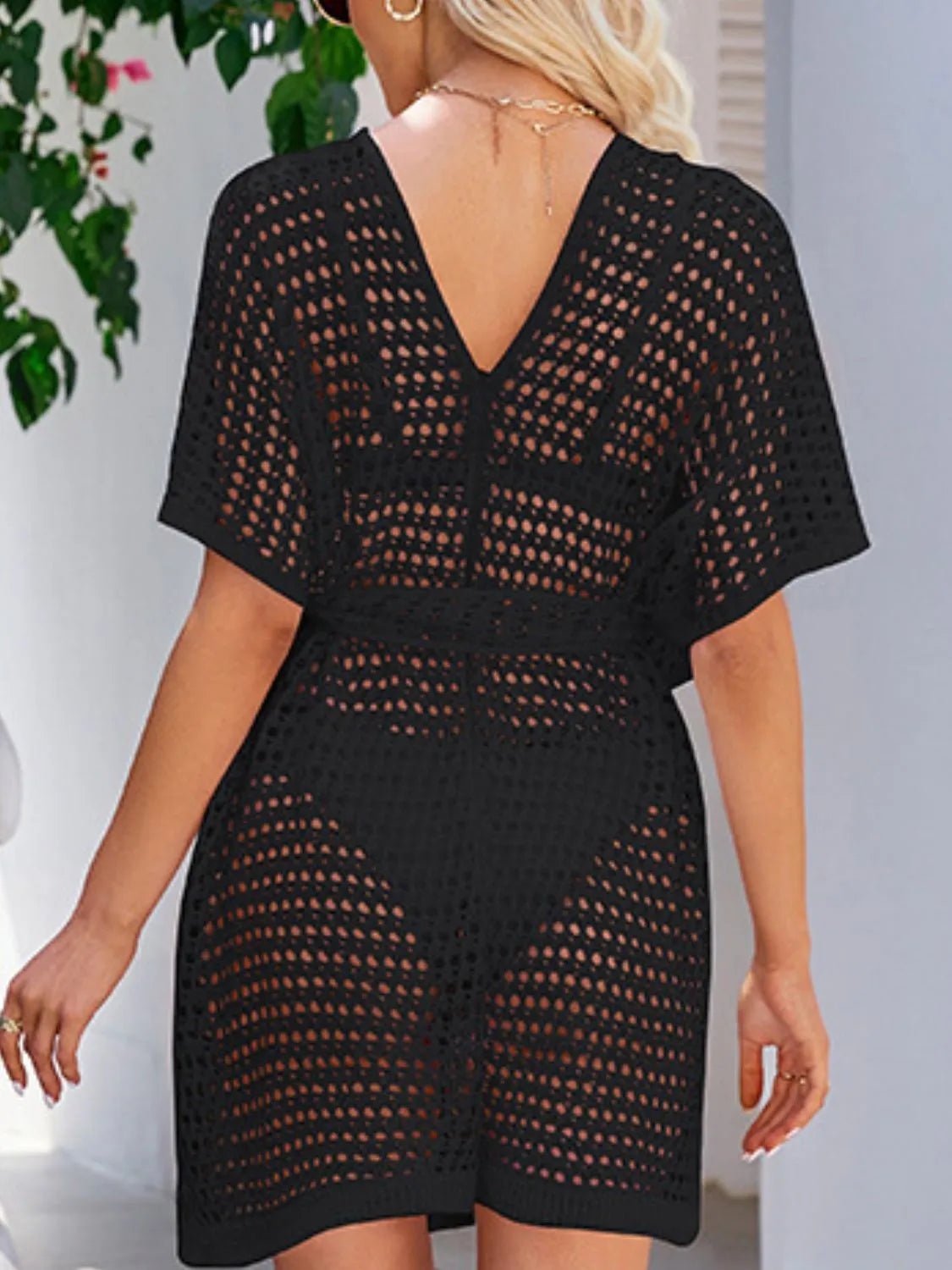 Open Front Tied Openwork Cover-Up Easy Apparels