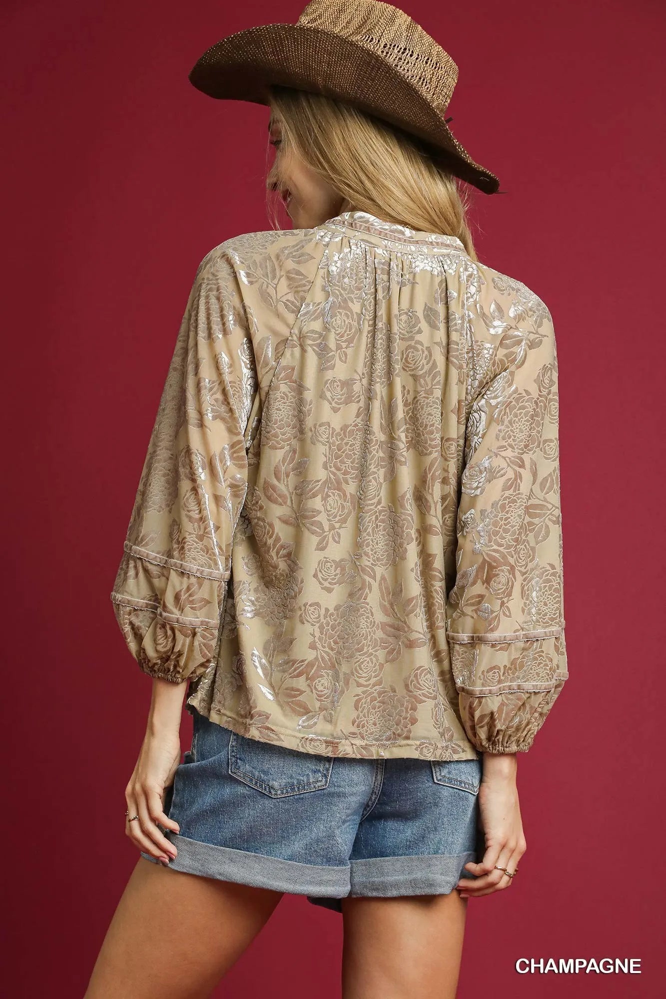 Trendsi Umgee Floral Velvet Blouse with Balloon Sleeves