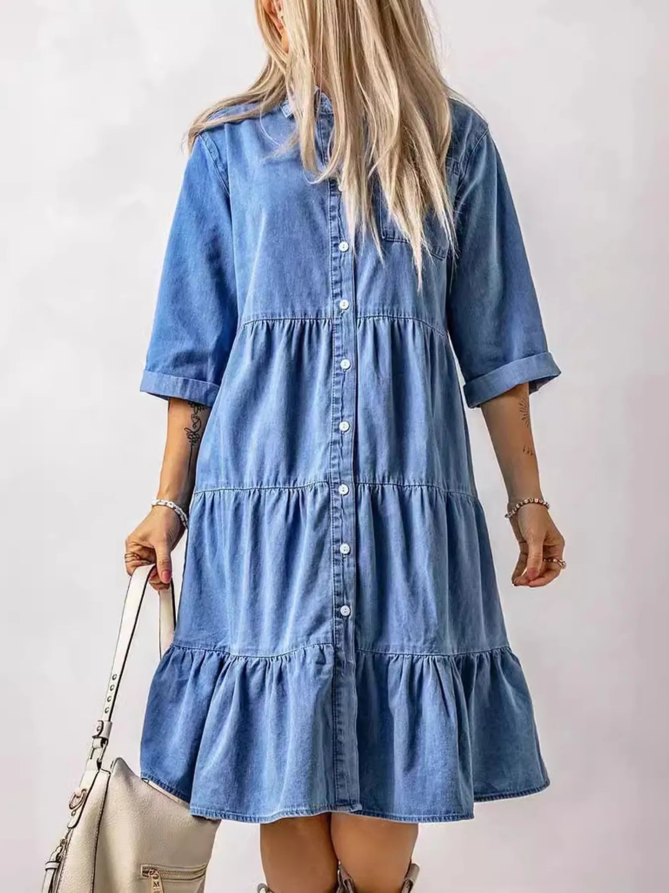 Full Size Ruffled Hem Button Up Denim Midi Dress Plus Size Easy Apparels