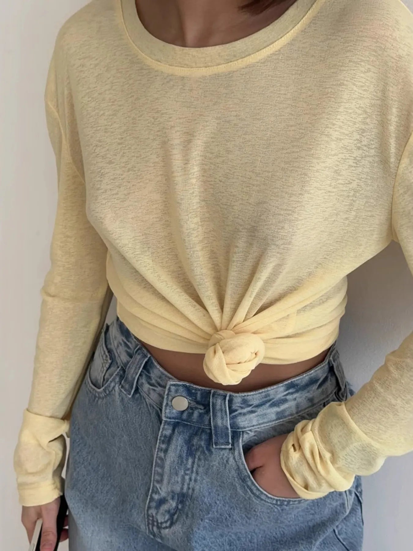 Trendsi Knotted Long Sleeve T-Shirt Pastel Yellow