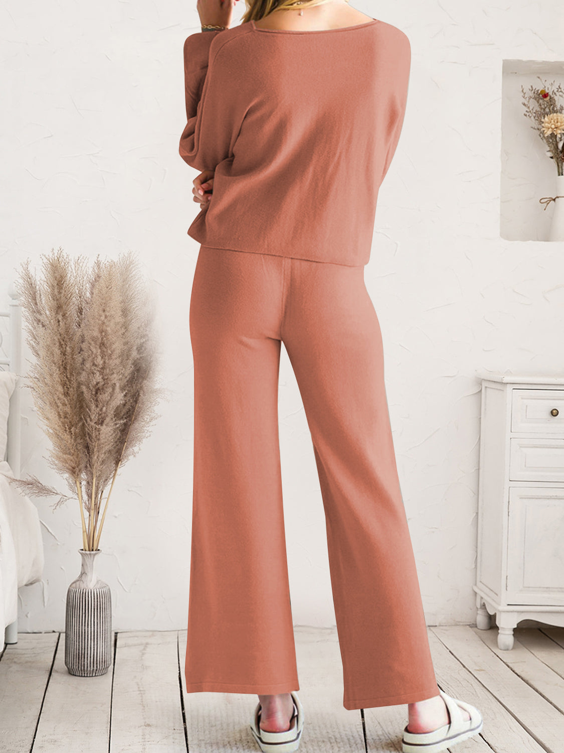 Long Sleeve Lounge Top and Drawstring Pants Set Easy Apparels